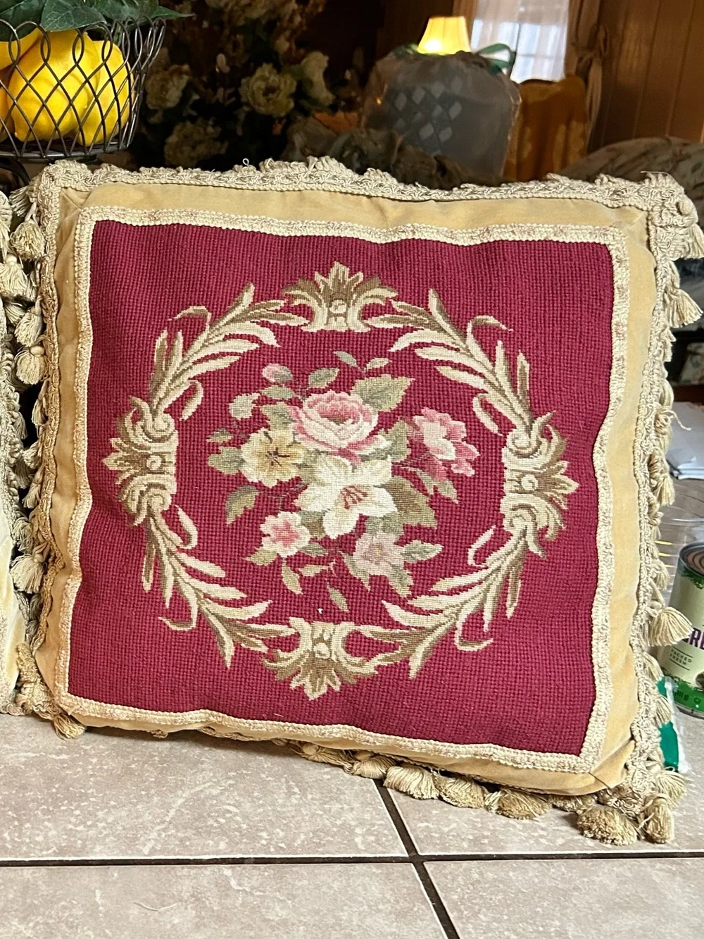 Vintage Pair Of Needlepoint Pillows Rose Bouquet Fringed Zip Closure 18 X 18